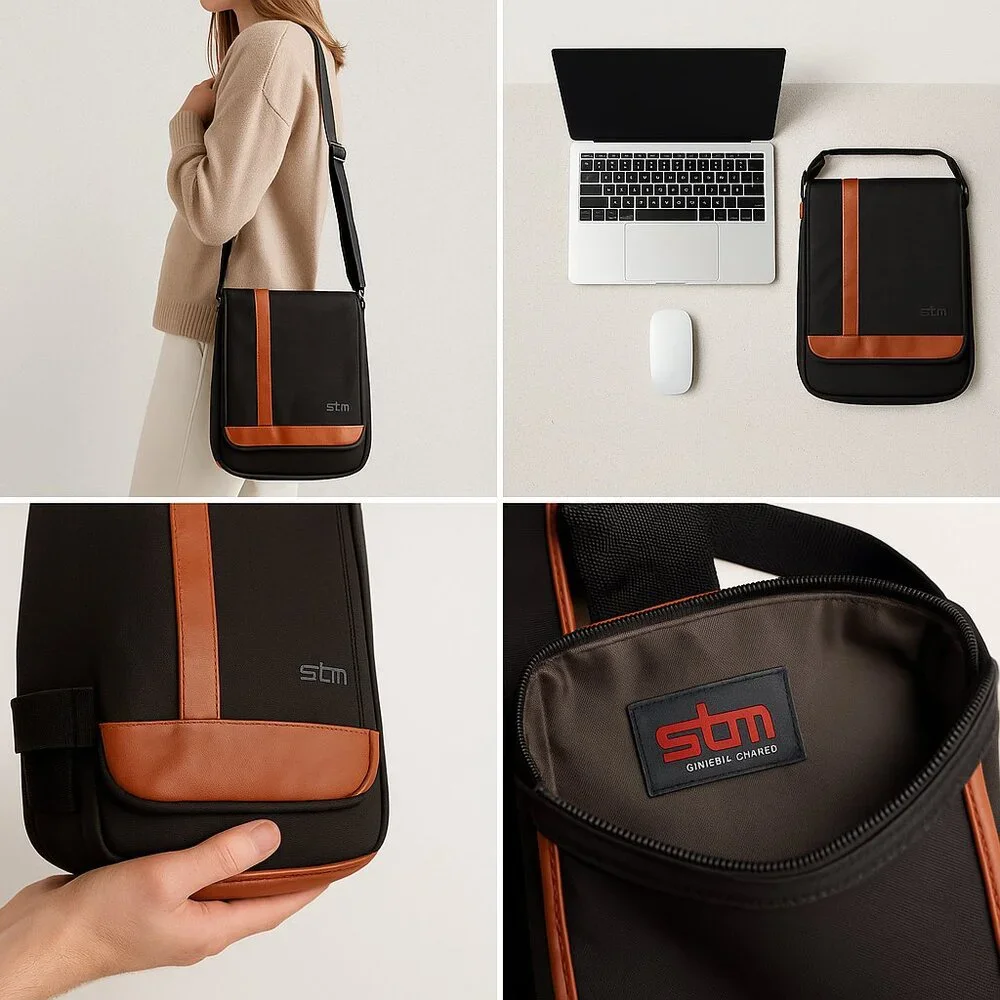 STM Vertical Laptop Messenger Bag – Black & Chestnut Brown